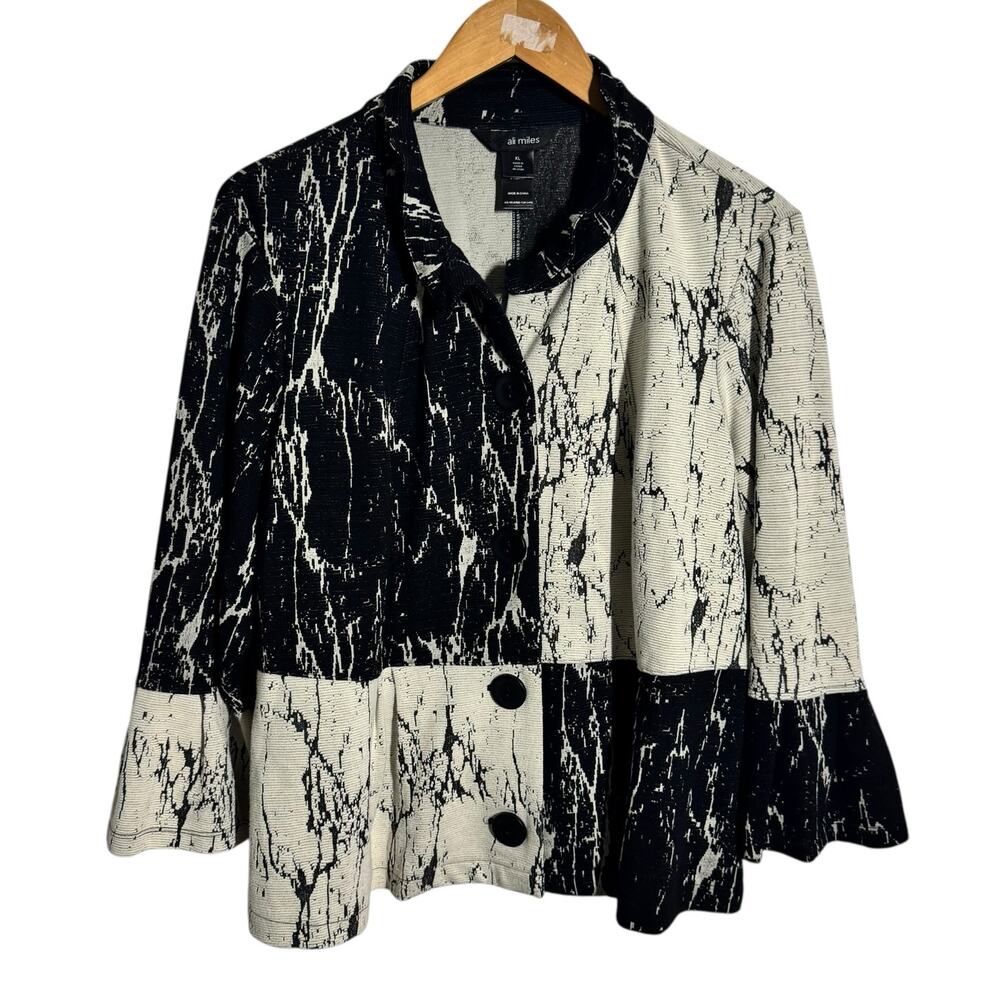 Ali Miles Womens Sweater Cardigan XL White Black Button Front Long Bell Sleeve